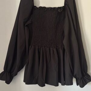 Women's Black Smocked Peasant Blouse with Puff Sleeves